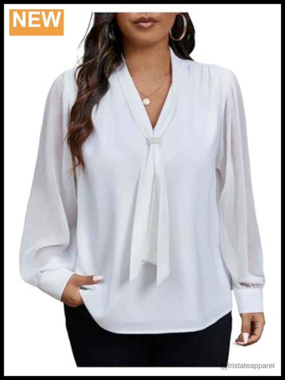 Plus Size Pearl Tie Neck Mesh Long Sleeve Blouse Sheer Work Top